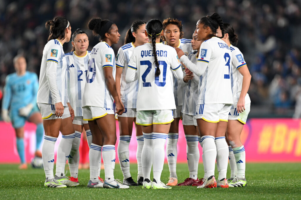 Filipinas players interact during the FIFA Women's World Cup Australia & New Zealand 2023 Group A match between Norway and Philippines at Eden Park in this photo taken on July 30, 2023 in Auckland / Tāmaki Makaurau, New Zealand.