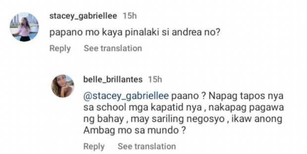 Belle, Andrea Brillantes’ mom, slams netizen for asking her how she raised her daughter. In photo is screenshot of the comment of netizen.