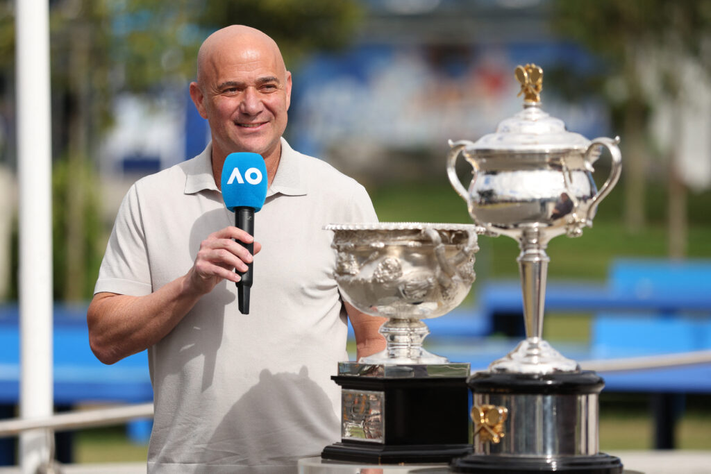Tennis: Agassi anoints Djokovic as greatest ever. Former tennis player Andre Agassi speaks at the Australian Open 2024 trophy arrival ceremony on day one of the Australian Open tennis tournament in Melbourne on January 14, 2024. | | Photo by Martin KEEP / AFP