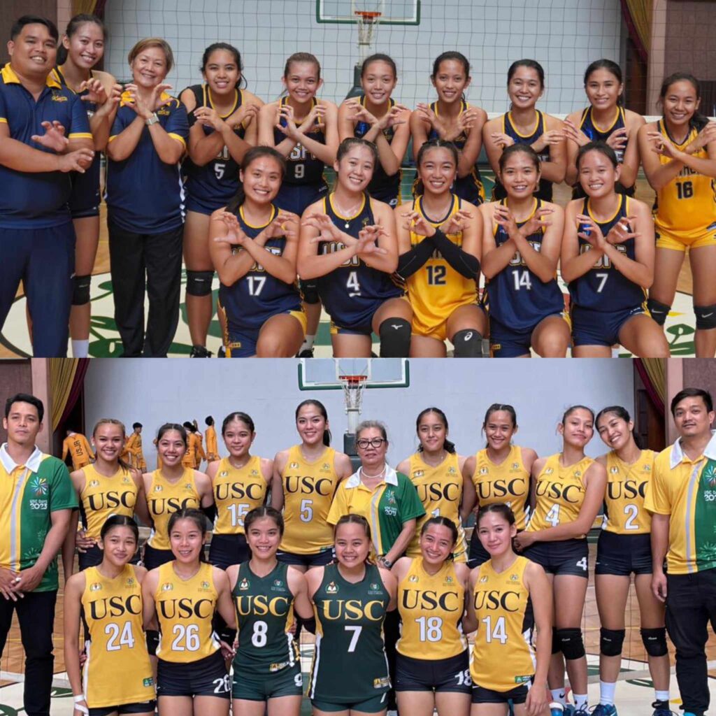 USPF Lady Panthers (above) and the USC Lady Warriors (below) pose for group photos after clinching the Cesafi women's volleyball tournament finals berth. 