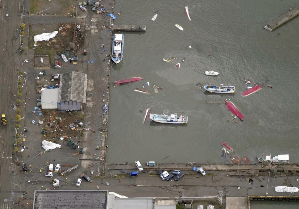Tsunami devastated port is seen in Suzu, Ishikawa prefecture, Japan January 2, 2024, in this photo released by Kyodo. 