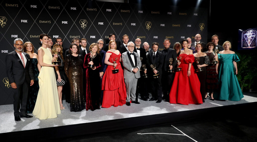 'Succession' dominates drama Emmys, 'The Bear' claims comedy. Kieran Culkin, Bryan Cox, Sarah Snook, Nicholas Braun, Alan Ruck and cast members from "Succesion" pose together with awards, at the 75th Primetime Emmy Awards in Los Angeles, California, U.S., January 15, 2024. REUTERS/Aude Guerrucci