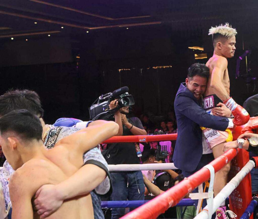 Pio Paulo Castillo is seen carrying Christian Araneta, celebrating the latter's first round TKO win against Arvin Magramo in "Kumbati 16's" main event. | Photo from Sugbuanong Kodaker