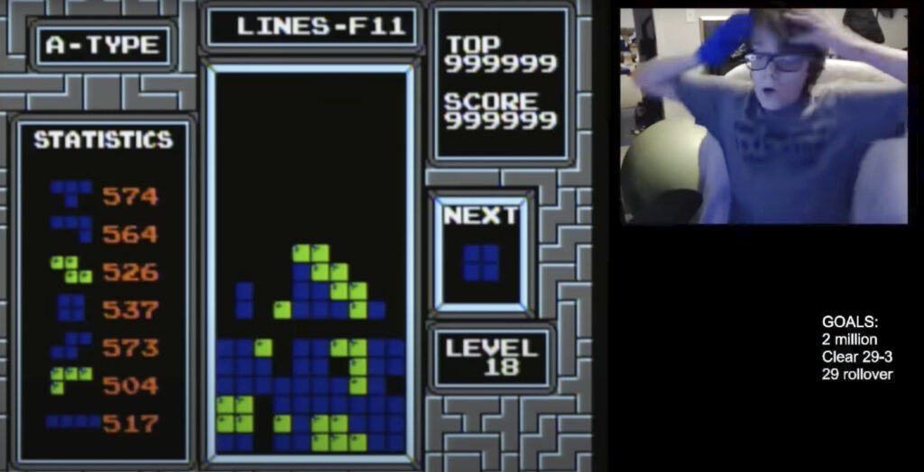 TETRIS BEATEN. In this image taken from video, 13-year-old player named Willis Gibson reacts after playing a game of Tetris. Gibson is the first player to beat the original Nintendo version of the game. | Willis Gibson via AP