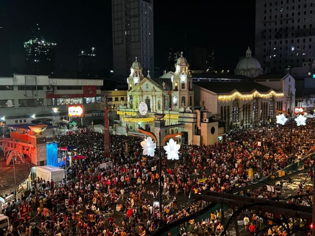 Traslacion: The Black Nazarene goes back to Quiapo Church after the procession from Quirino Grandstand that took 15 hours on Tuesday, January 9, 2023. (Picture from ZEUS LEGASPI | Inquirer.net)