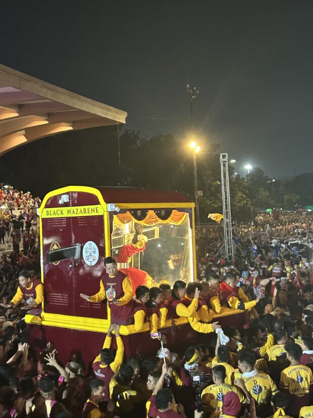 Nazareno devotees were estimated to be 1.3M at the Quirino Grandstand. In photo is the carriage of the Black Nazarene departing from Quirino Grandstand at around 4:45 a.m. INQUIRER.net/John Eric Mendoza