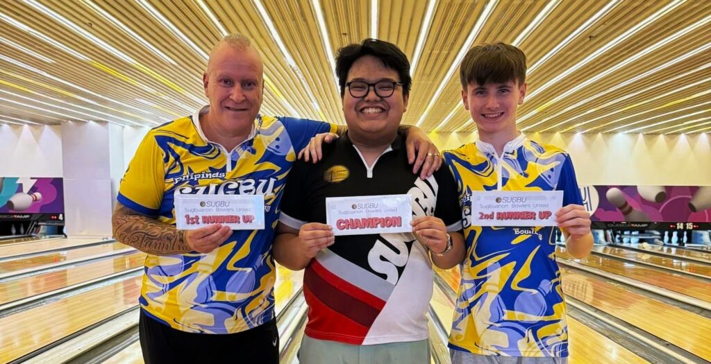 Joma Avila (center) is flanked by the father and son tandem of Uwe Schulze (left) and Cedric Luckenwald (right) after he was named SUGBU "Bowler of the Month" for January.