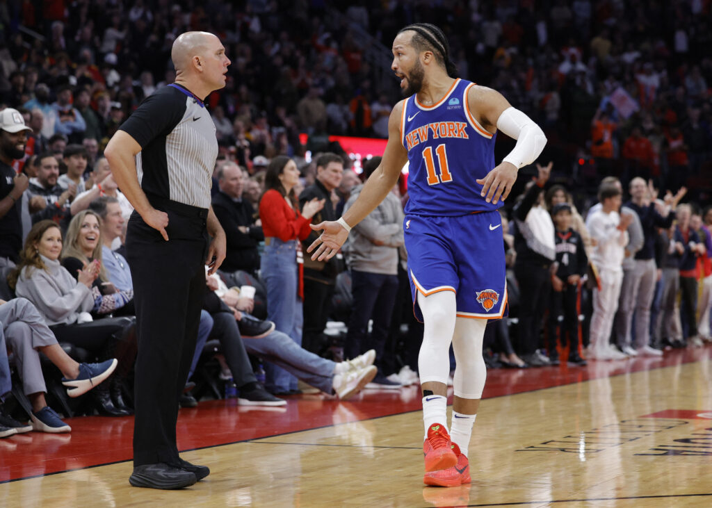 NBA Knicks referee error. Jalen Brunson #11 of the New York Knicks argues a call against the Houston Rockets during the second half at Toyota Center on February 12, 2024 in Houston, Texas. | Getty Images via AFP