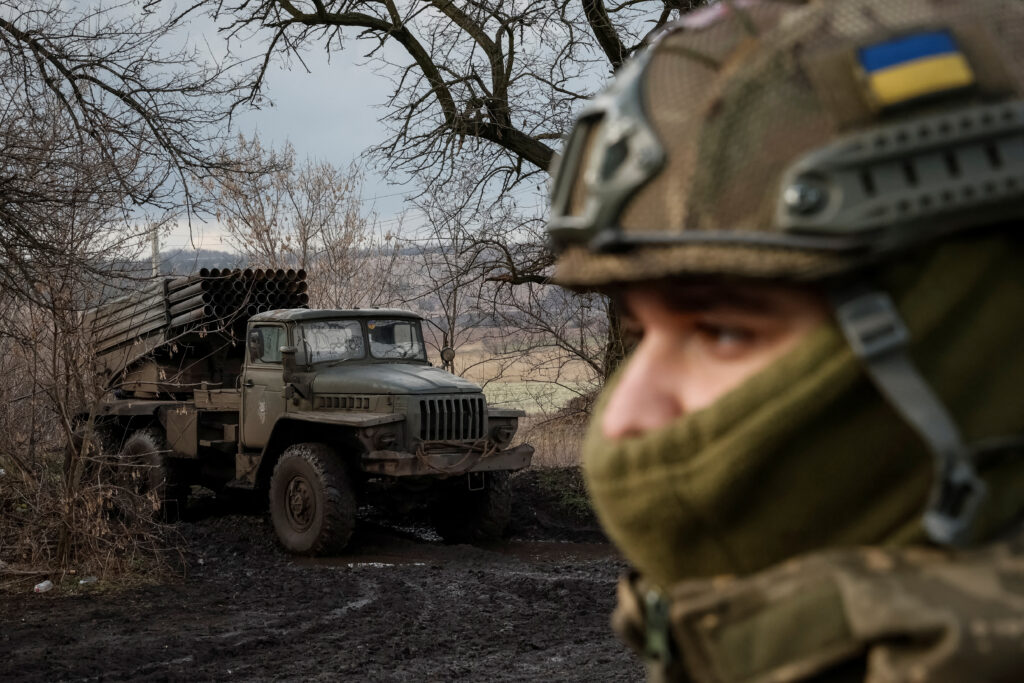 Ukraine. A Ukrainian serviceman of the 59th Separate Motorised Infantry Brigade of the Armed Forces of Ukraine looks on next to a BM-21 Grad multiple launch rocket system near a frontline at an undisclosed location in the Donetsk region, Ukraine, February 4, 2024. REUTERS/Alina Smutko