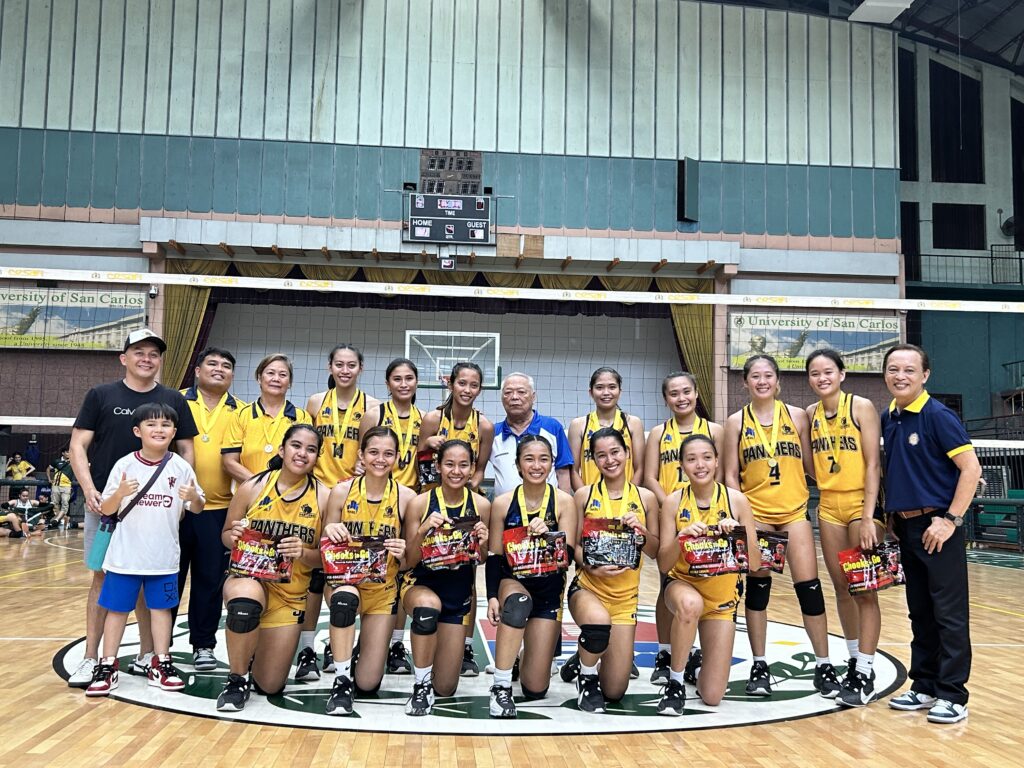 The USPF Lady Panthers pose for a photo after winning the championship title of the Cesafi women’s volleyball on Sunday, Feb. 4, against the USC Lady Warriors. 