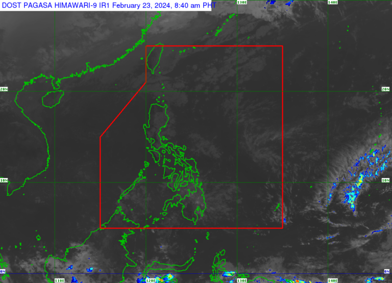 The Philippine Atmospheric, Geophysical and Astronomical Services Administration (Pagasa) says the easterlies will bring warm temperatures and cause rain over certain areas but the weather will be generally fair for most of the country this Friday, February 23, 2024. Weather satellite image from Pagasa