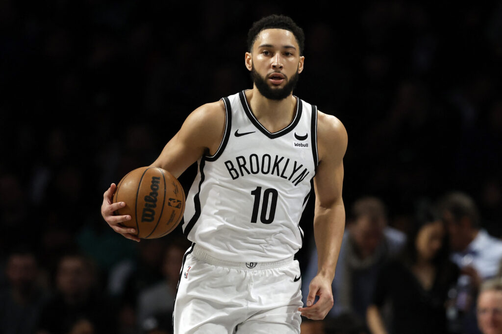 Ben Simmons #10 of the Brooklyn Nets dribbles during the first half against the Boston Celtics at Barclays Center on February 13, 2024 in the Brooklyn borough of New York City. | Getty Images via AFP