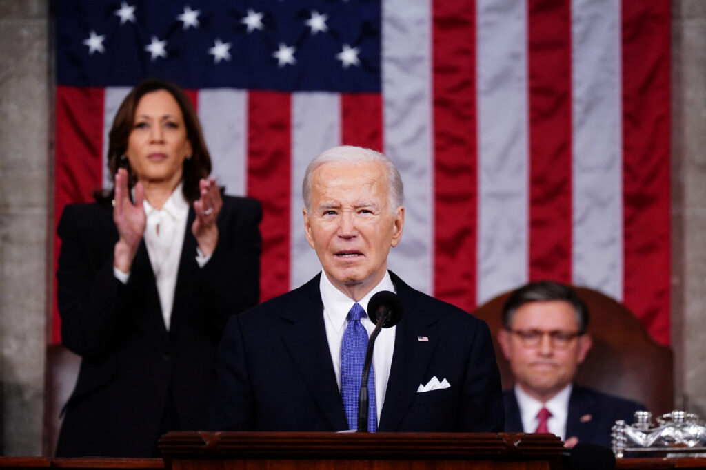 Biden takes on Trump and Republicans in feisty State of the Union speech. US President Joe Biden delivers his third State of the Union address in the House Chamber of the US Capitol in Washington, DC, USA, 07 March 2024.     SHAWN THEW/Pool via REUTERS