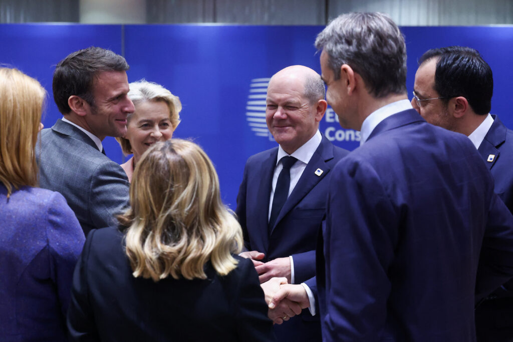 EU agrees to move ahead on using Russian assets to arm Ukraine. French President Emmanuel Macron, Italian Prime Minister Giorgia Meloni, German Chancellor Olaf Scholz, European Commission President Ursula von der Leyen, President of Cyprus Nikos Christodoulides and Greek Prime Minister Kyriakos Mitsotakis attend a European Union leaders summit in Brussels, Belgium March 21, 2024. REUTERS/Yves Herman