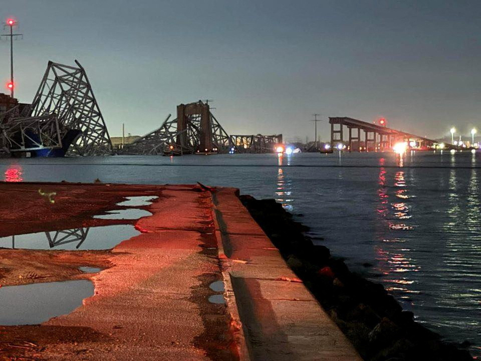 Baltimore bridge collapses after ship rams it. A view of the collapsed Francis Scott Key Bridge in Baltimore, March 26, 2024. Harford County MD Fire & EMS/Handout