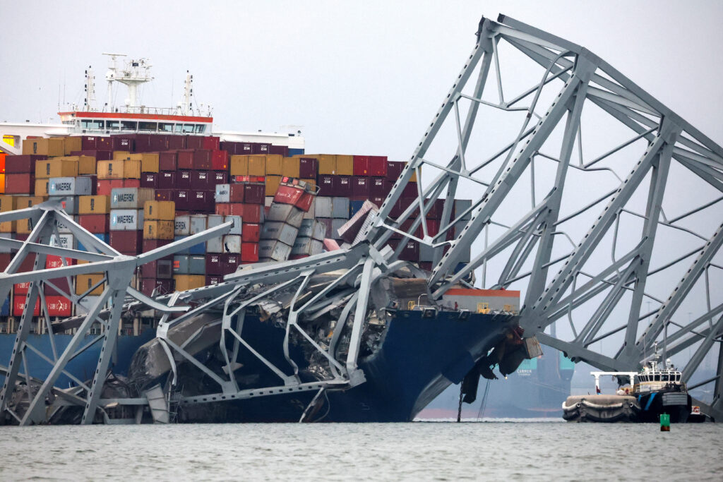 Collapsed Baltimore Bridge: US gives Maryland $60M to rebuild it. In photo is a view of the Dali cargo vessel which crashed into the Francis Scott Key Bridge causing it to collapse in Baltimore, Maryland, U.S., March 27, 2024. REUTERS/Mike Segar
