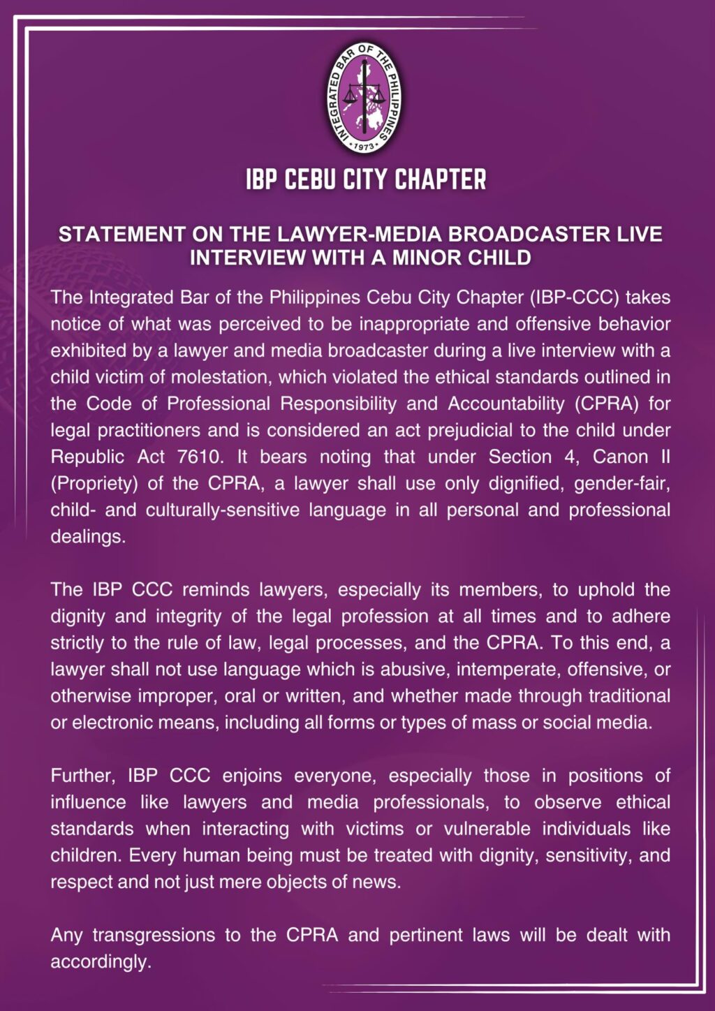 IBP Cebu City Chapter statement