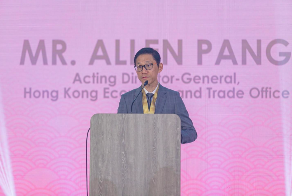 Acting Director-General of the Hong Kong Economic and Trade Office, Allen Pang, gives a speech during the spring dinner celebration