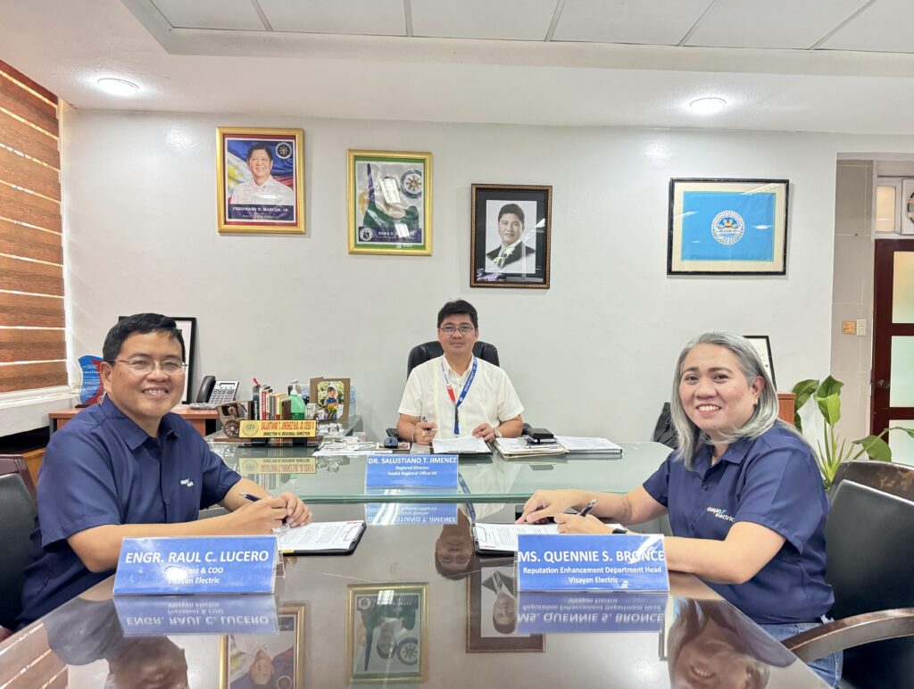 UNITING FOR EDUCATION: (from left to right) Engr. Raul Lucero, Dr. Salustiano Jimenez, and Ms. Quennie Bronce signing the MOA for the School Rewiring Project at the DepEd 7 Regional Office