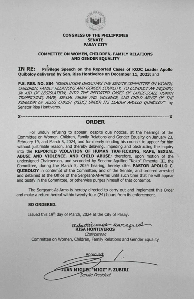 Pastor Apollo Quiboloy: Senate Committee issues order to arrest, detain him. Photo is a copy of the order to arrest the pastor.