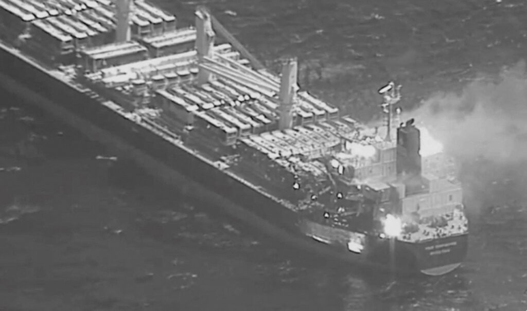 Two Filipino sailors dead in Huthi missile attack — Philippine gov’t. This image obtained from the US Central Command (CENTCOM) on March 6, 2024, shows the Barbados-flagged, Liberian-owned bulk carrier after it was hit by an anti-ship ballistic missile (ASBM) launched by Iranian-backed Houthi rebels. The United States, on March 6, vowed to hold Yemen’s Huthi rebels accountable for a strike on a bulk carrier that killed two people, apparently the first fatalities in the insurgents’ attacks on shipping. (Photo by Handout / US Central Command (CENTCOM) / AFP)