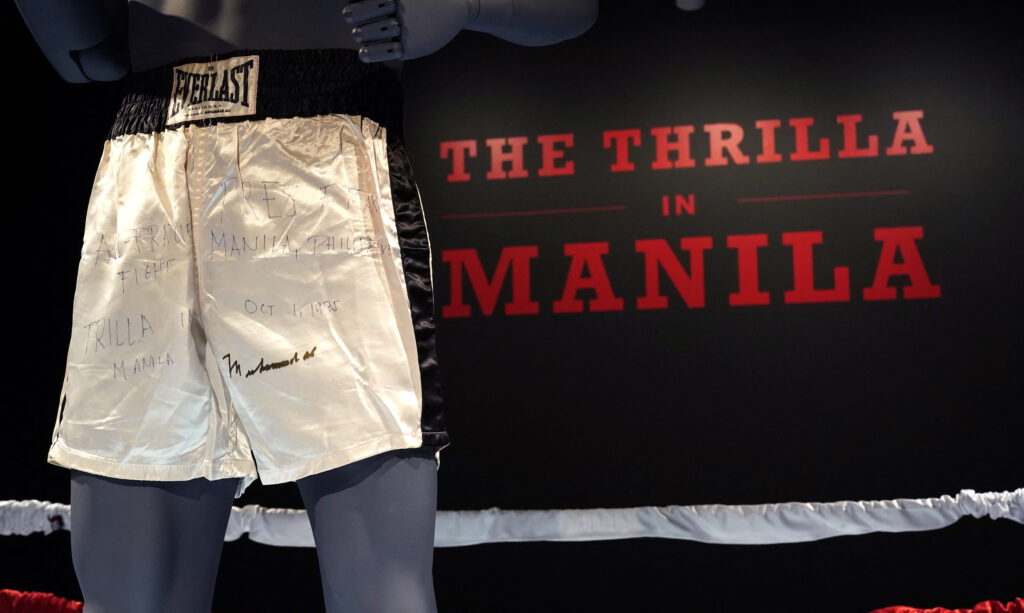 Muhammad Ali’s trunks worn during the 1975 legendary match against Joe Frazier, The Thrilla in Manila, are on display during 'Sports Week' auctions at Sotheby's in New York City on April 4, 2024. | AFP