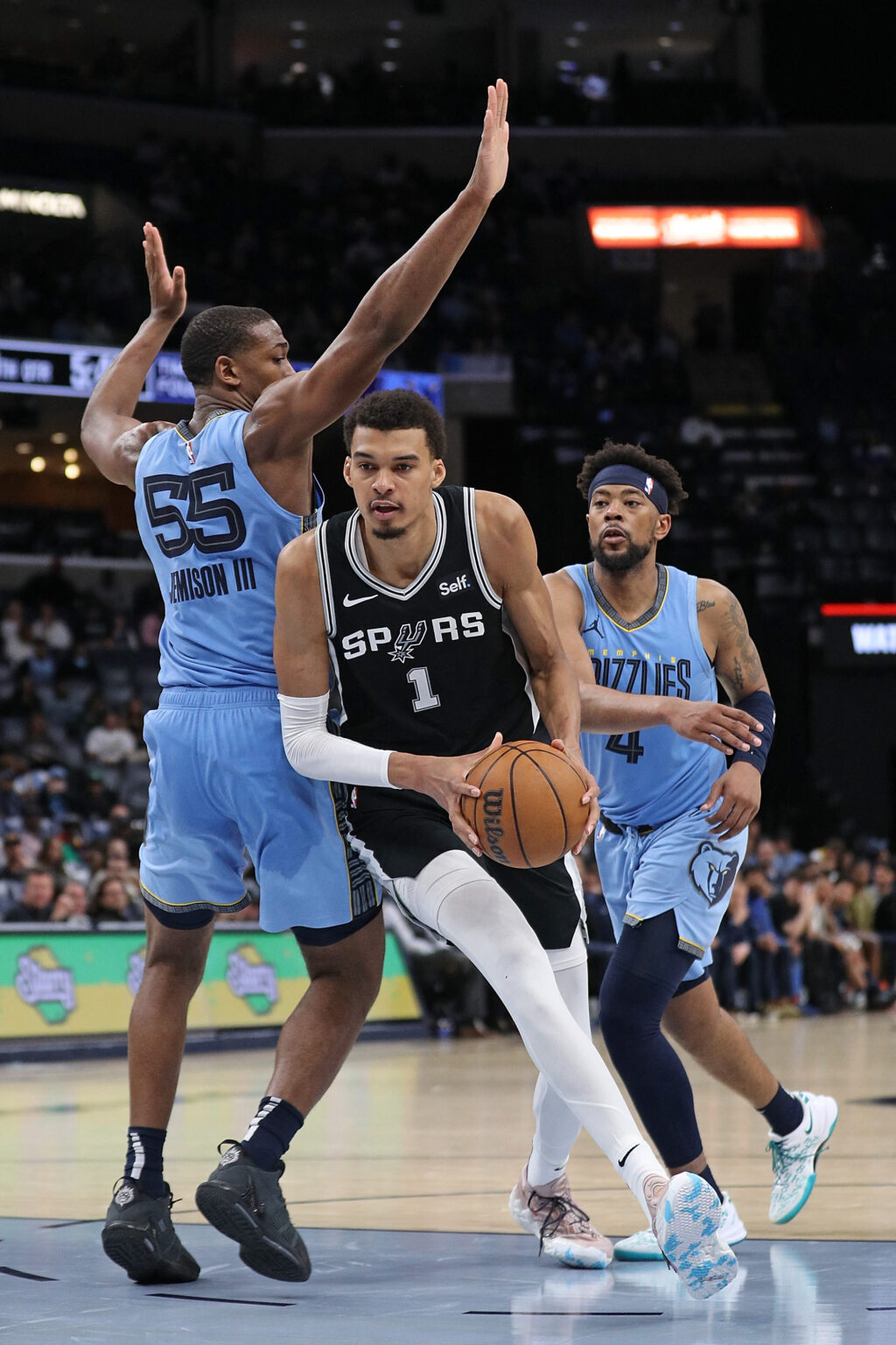 NBA: Jokic, Doncic and Gilgeous-Alexander finalists for MVP award. In photo is Victor Wembanyama #1 of the San Antonio Spurs driving the lane against Trey Jemison #55 of the Memphis Grizzlies and Jordan Goodwin #4 during the second half at FedExForum on April 9, 2024 in Memphis, Tennessee. | AFP FILE PHOTO