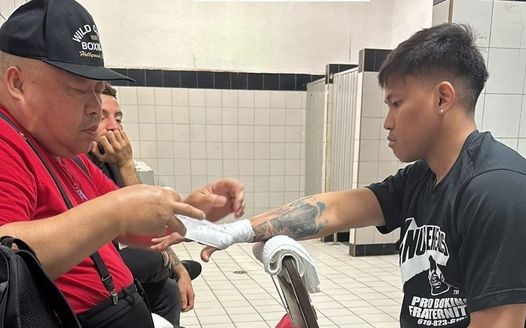 Jhack Tepora got his hands wrapped by Coach Lucas 'Ting' Ariosa in his comeback fight in Mexico.
