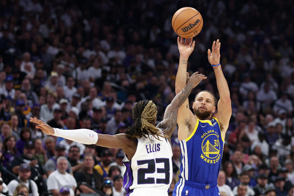 LeBron, Curry, LeBron head Dream Team. Stephen Curry #30 of the Golden State Warriors shoots over Keon Ellis #23 of the Sacramento Kings in the first quarter during the Play-In Tournament at Golden 1 Center on April 16, 2024 in Sacramento, California. | Getty Images via AFP