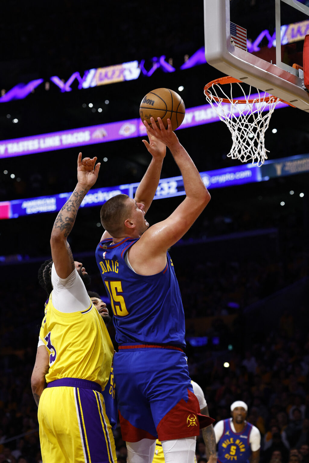 NBA: Nuggets make it 3-0, push Lakers to brink of elimination. In photo is Nikola Jokic #15 of the Denver Nuggets taking a shot against Anthony Davis #3 of the Los Angeles Lakers during game three of the Western Conference First Round Playoffs at Crypto.com Arena on April 25, 2024 in Los Angeles, California. Getty Images via AFP