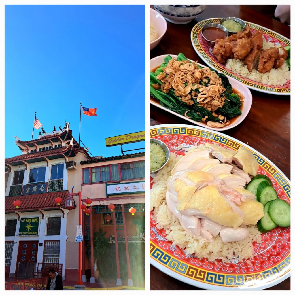 Left photo is a building in Chinatown LA adorned with the flags of USA and Taiwan. Right photo shows the food we ate at Pearl River Deli, a must-try spot when in town