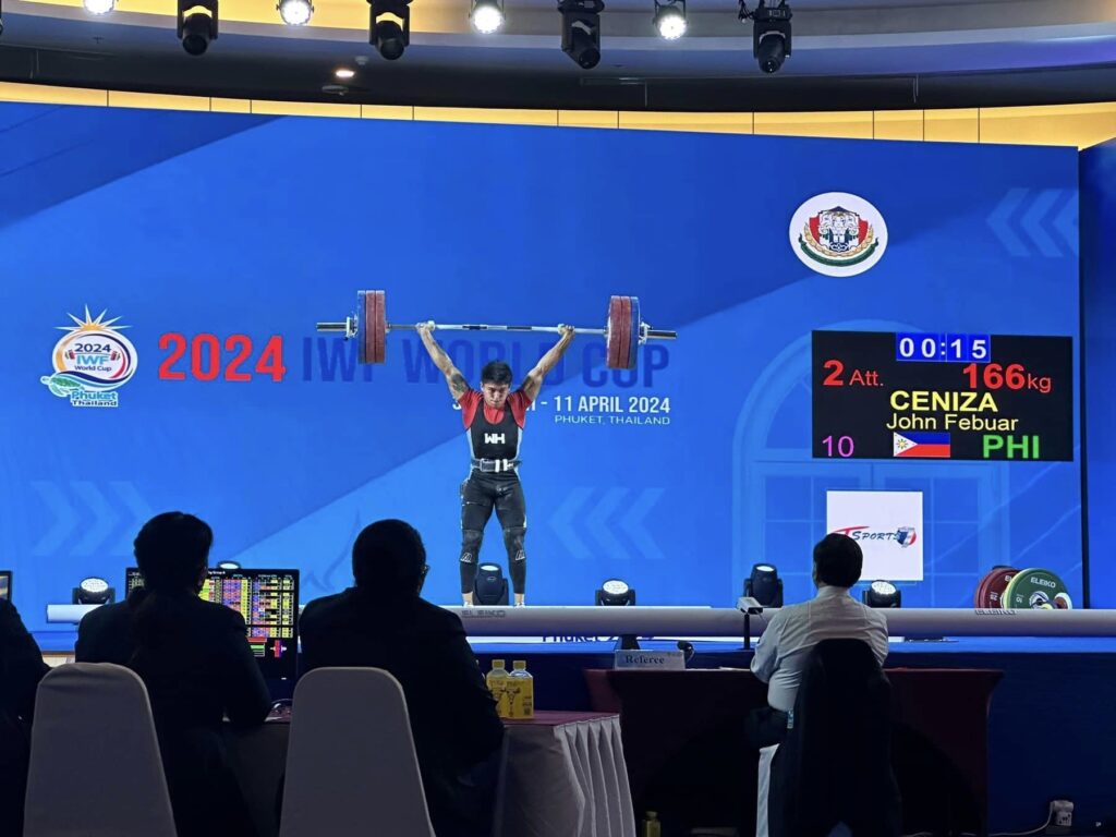 Ceniza is 3rd Cebuano weightlifter in history to qualify for the Olympics. John Febuar Ceniza during the IWF World Cup. | Photo from POC