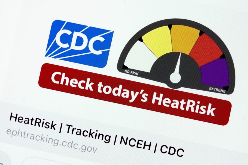 Magenta: Most dangerous level in new US gov’t heat risk tool. Photo is a website for Centers for Disease Control and Prevention displaying on a computer screen in Glenside, Pa., Monday, April 22, 2024, a new heat risk system developed with the National Weather Service. | AP