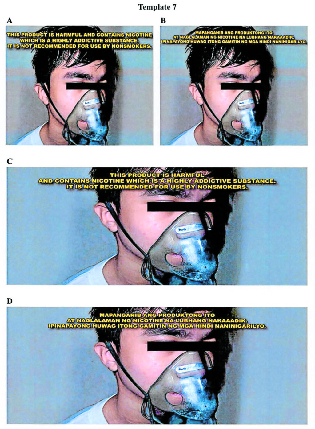 Some of the template healthwarnings that will appear in e-cigarettes and vapes show a young man in an oxygen mask, to demonstrate their harmful effect on one’s lungs.