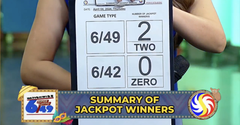 Super Lotto 6/49’s jackpot of P89.5 million will be split by two bettors who won the raffle on Thursday night, April 4, 2024, says the Philippine Charity Sweepstakes Office (PCSO). (Screengrab from PCSO live draw on April 4, 2024)