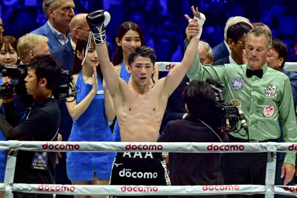 Japan’s Naoya Inoue (center) celebrates his victory over Mexico’s Luis Nery in their IBF-WBA-WBC-WBO super-bantamweight title boxing match at the Tokyo Dome in Tokyo on May 6, 2024. | AFP