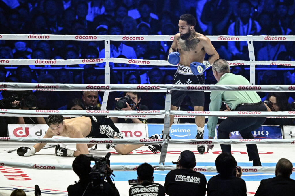 Inoue KOs Nery in 6th after 1st round scare to defend titles. Japan’s Naoya Inoue (left) is knocked down by Mexico’s Luis Nery in the first round during their IBF-WBA-WBC-WBO super-bantamweight title boxing match at the Tokyo Dome in Tokyo on May 6, 2024. | AFP