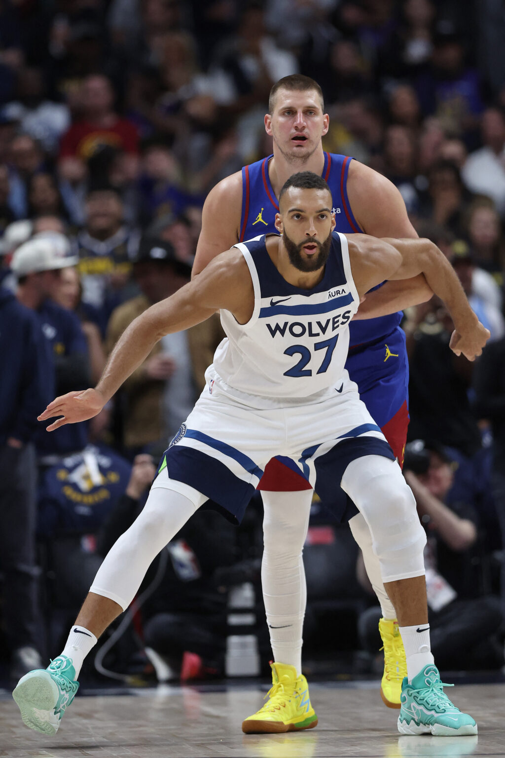 NBA: Rudy Gobert named 2024 NBA Defensive Player of the Year. Nikola Jokic #15 of the Denver Nuggets guards Rudy Gobert #27 of the Minnesota Timberwolves in the first quarter during Game One of the Western Conference Second Round Playoffs at Ball Arena on May 04, 2024 in Denver, Colorado.| GETTY IMAGES via AFP