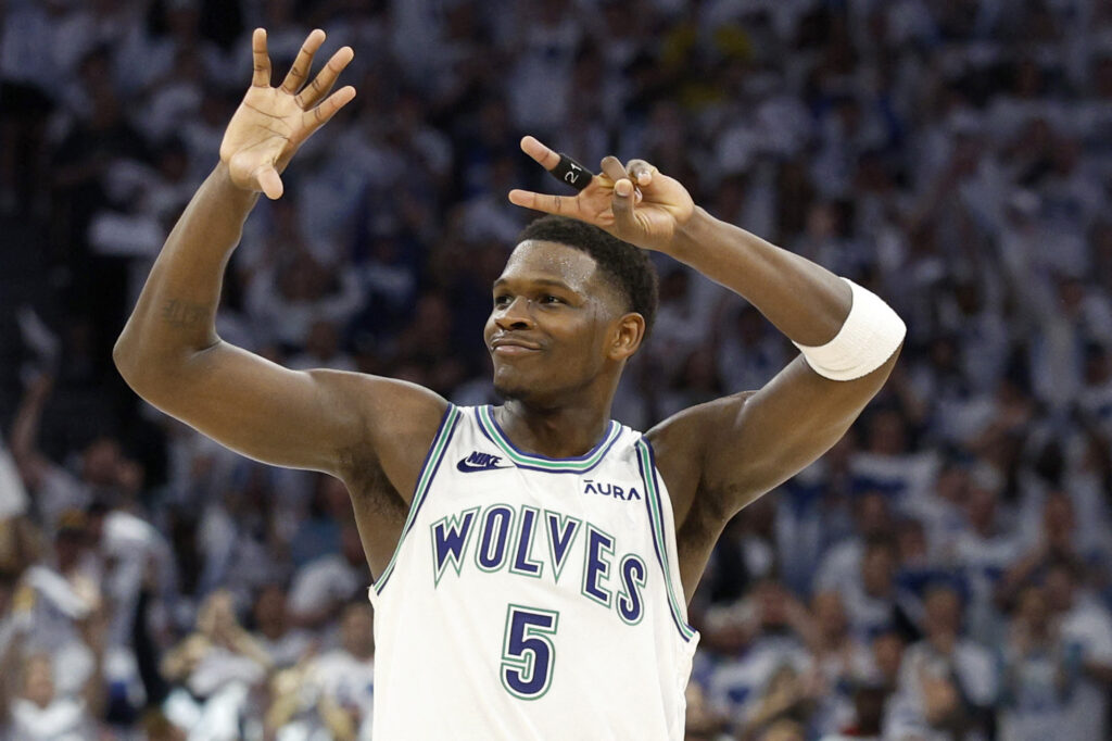 Timberwolves crush Nuggets to stay alive in playoffs. Anthony Edwards #5 of the Minnesota Timberwolves celebrates against the Denver Nuggets during the fourth quarter in Game Six of the Western Conference Second Round Playoffs at Target Center on May 16, 2024 in Minneapolis, Minnesota. | Getty Images via AFP