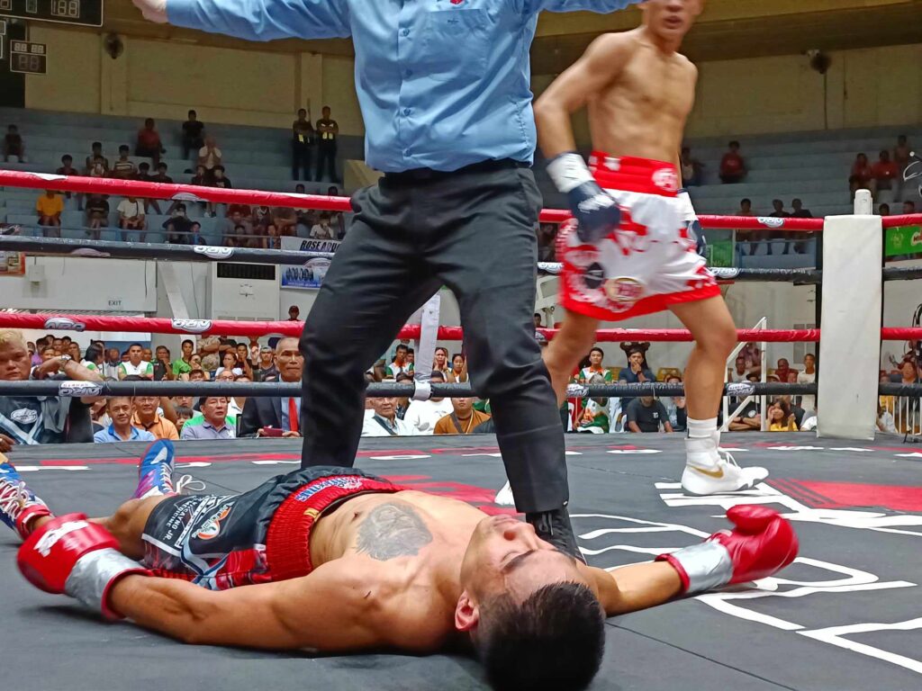 Dumam-ag wrests WBO Oriental strap in controversial KO win. Ramel Macado Jr. lays flat on his back after getting knocked out by Lorenz Dumam-ag. | Glendale Rosal