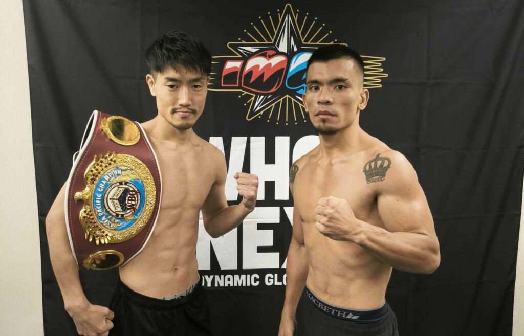 Kenji Fujita (left) and Rodex Piala (right), strike a pose during the weigh-in for their WBO regional title bout.