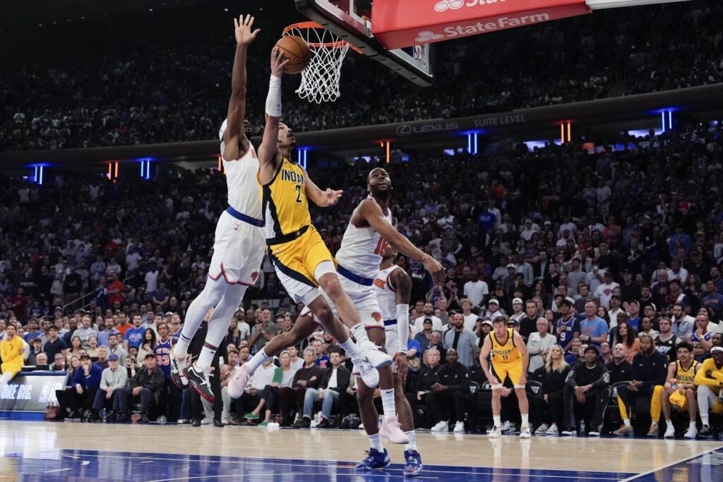 Indiana Pacers guard Andrew Nembhard (2) shoots during the first half of Game 7 in an NBA basketball second-round playoff series against the New York Knicks, Sunday, May 19, 2024, in New York.