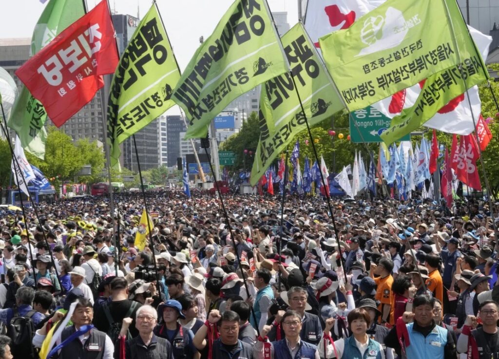 Members of the Korean Confederation of Trade Unions gather to attend a rally on May Day in Seoul, South Korea, Wednesday, May 1, 2024.