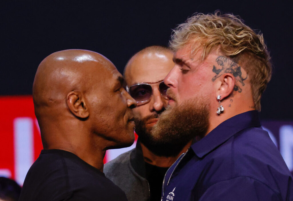 MIKE TYSON, John Paul fight postponed. Former US boxer Mike Tyson (left) and YouTuber Jake Paul face off during a press conference at the Apollo Theatre in New York, on May 13, 2024. | AFP [FILE PHOTO]