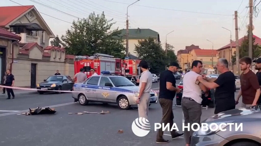 ‘Terror attack’ in Russia’s Dagestan: Gunmen kill police, priest. This screengrab picture taken from video released on June 23, 2024 by Russian state news agency RIA Novosti shows an area sealed off by Police following deadly attacks on churches and a synagogue in Russia's North Caucasus region of Dagestan. | AFP PHOTO/RIA NOVOSTI