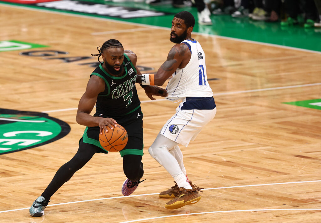 Kyrie Irving on what has to change for Dallas: 'It starts with me’. Jaylen Brown #7 of the Boston Celtics drives to the basket against Kyrie Irving #11 of the Dallas Mavericks during the fourth quarter in Game Two of the 2024 NBA Finals at TD Garden on June 09, 2024 in Boston, Massachusetts.| Getty Images via AFP