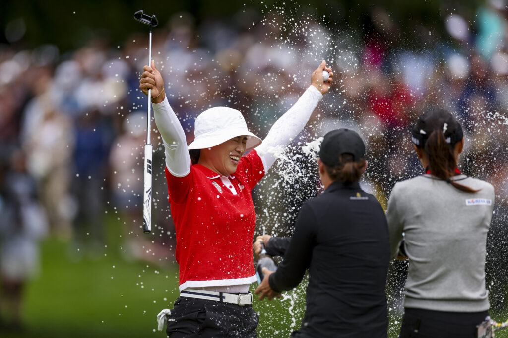 Golf: Amy Yang of South Korean wins Women's PGA Championship. In photo is Amy Yang of South Korea being doused with champagne after winning the KPMG Women's PGA Championship at Sahalee Country Club on June 23, 2024 in Sammamish, Washington.  | Getty Images via AFP
