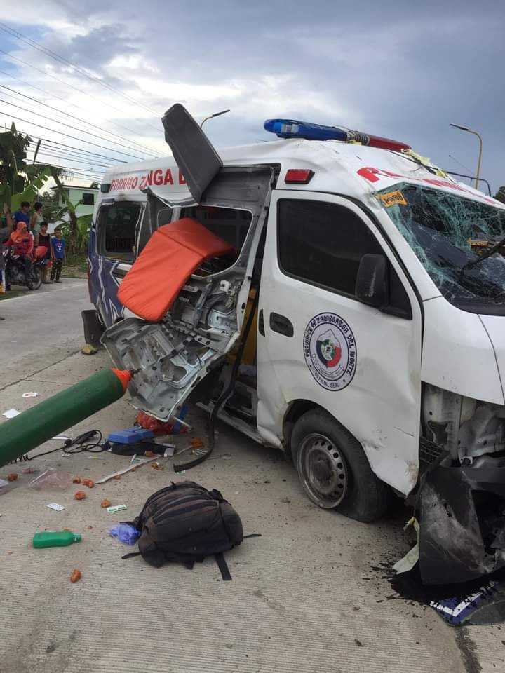 Argao ambulance accident: Emergency responder dead, 3 others hurt. Photo shows the wrecked ambulance that the victims were riding on.