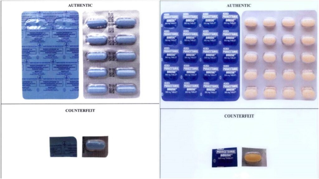 Biogesic, 5 other widely used OTC drugs faked, sold publicly — FDA. FAKE VS REAL Pharmaceutical company Unilab says that compared with the real medicines, the fake ones may be too light, too dark or unusual in color. —photos from Food and Drug Administration