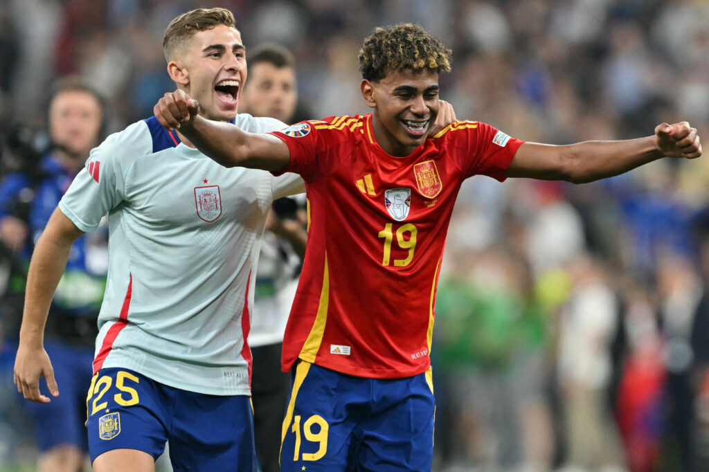 Euro 2024: Spain and England to go head to head in final. Spain's forward #25 Fermin Lopez and Spain's forward #19 Lamine Yamal celebrate at the end of the UEFA Euro 2024 semi-final football match between Spain and France at the Munich Football Arena in Munich on July 9, 2024.| AFP